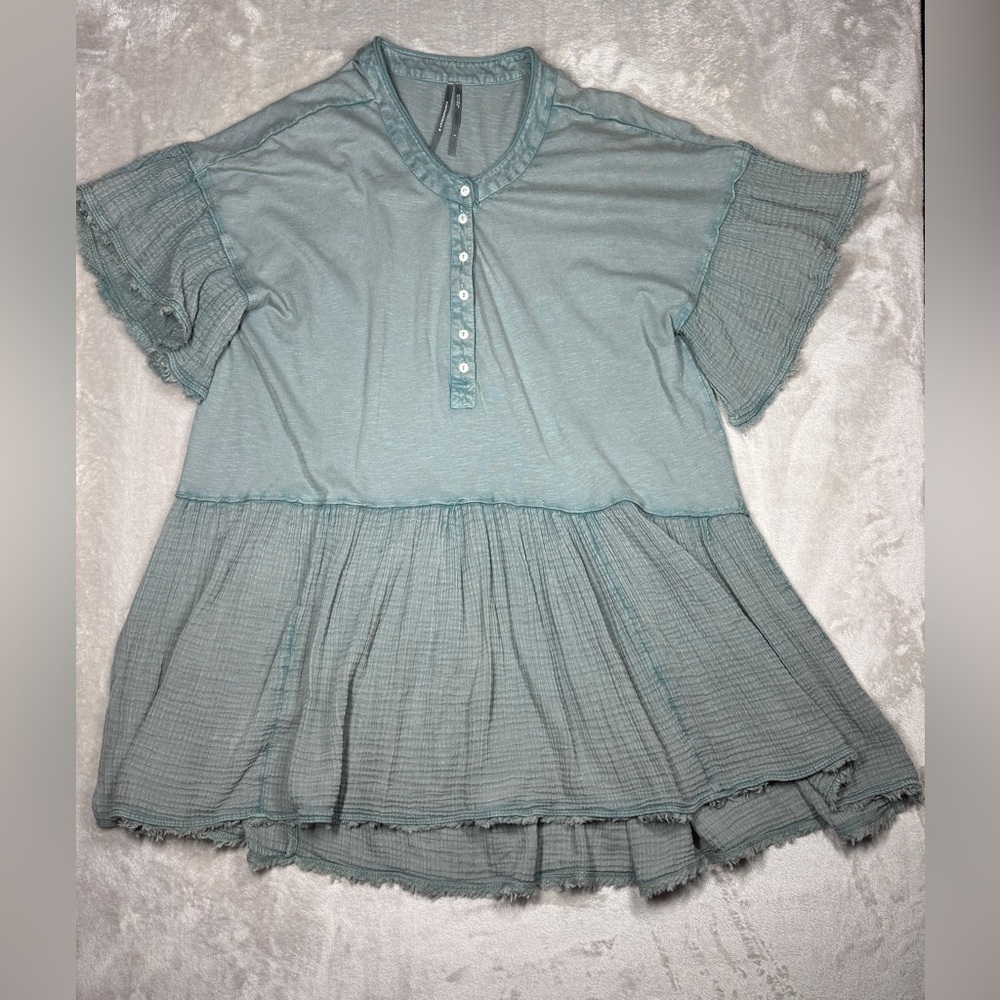 By Anthropologie Green Gauzy 100% Cotton Henley Short Sleeve Tunic Size Small